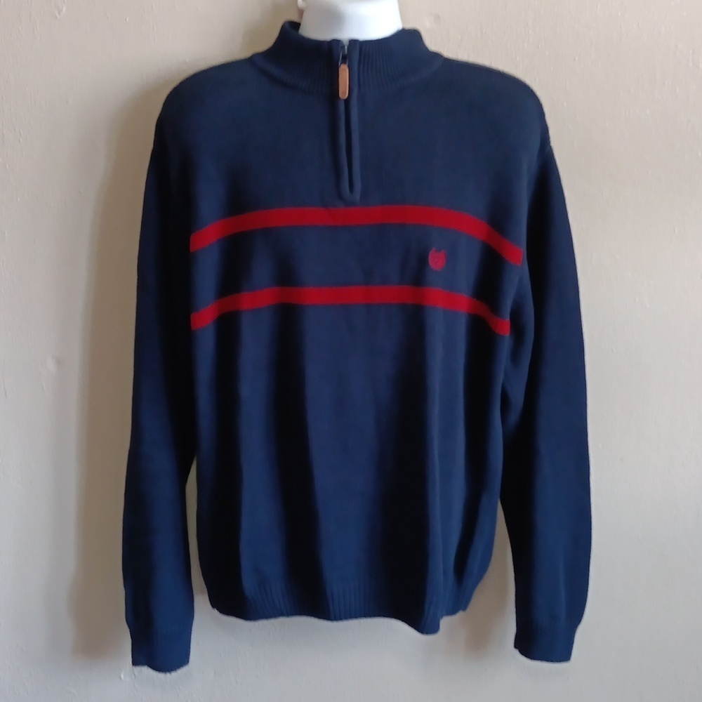 100% Cotton Navy & Red Thick Knit Pullover Sweater With Neck Zip, Mens Large